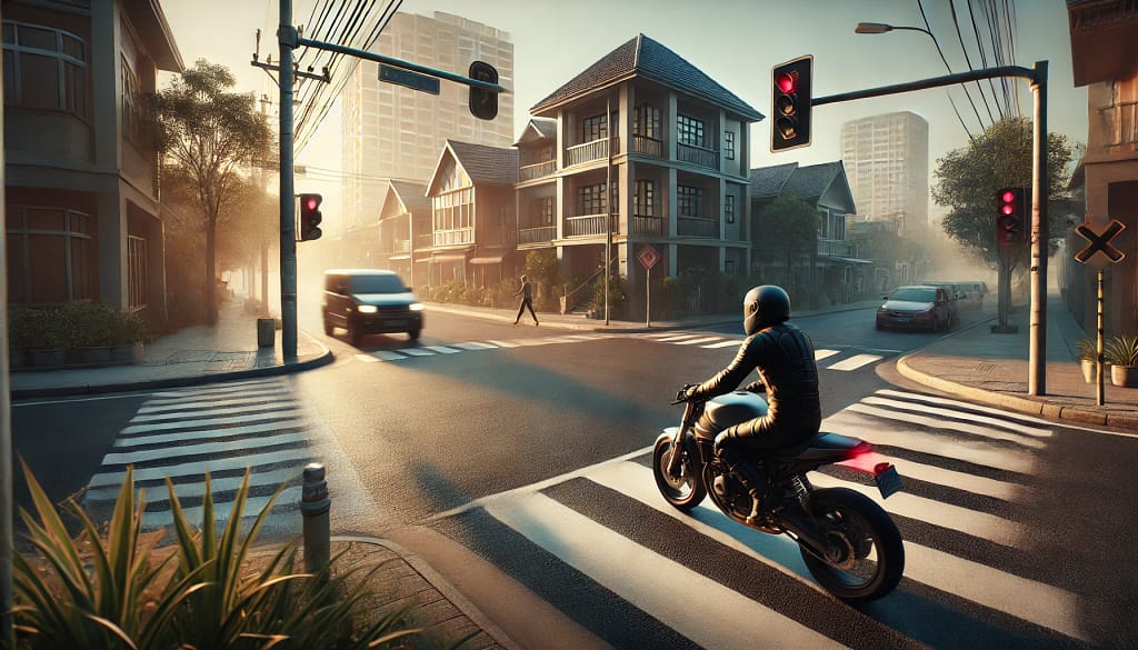 Motociclista attento a un incrocio urbano, con un’auto che emerge all'improvviso da una strada laterale.